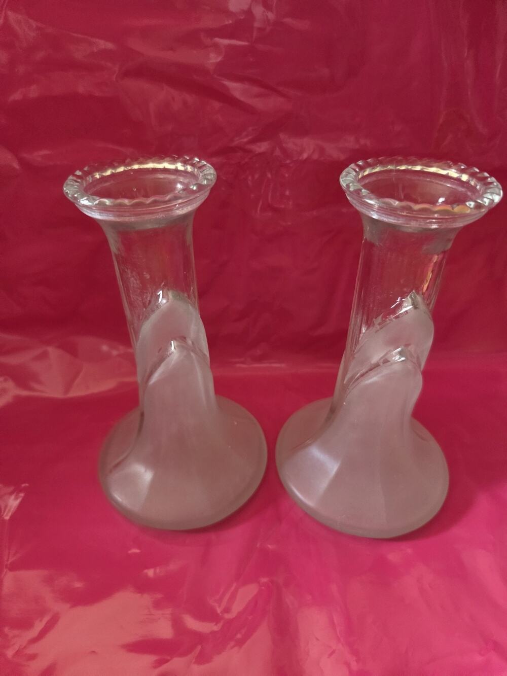 Set Of 2 Vtg Art Deco Frosted Fluted Bud Vases/Candle Sticks 6" Tall
